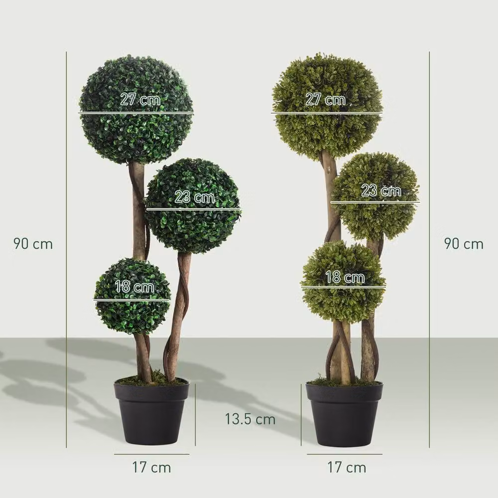 HOMCOM Set of 2 Dark Green Artificial Round Boxwood Ball Topiary Trees for Indoor or Outdoor Tabletop Use – 3