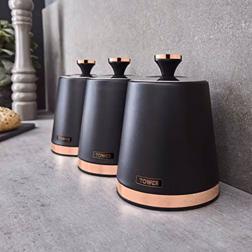 Tower Cavaletto Bread Bin with Removable Lid and Set of 3 Airtight Storage Canisters for Coffee, Sugar and Tea in Black and Gold Stainless Steel – 6