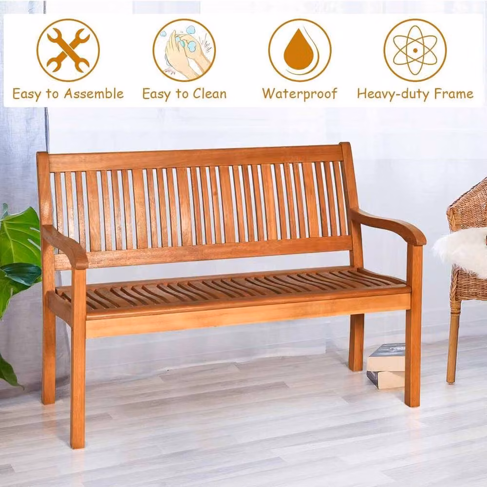 Costway Eucalyptus Wooden Dining Bench with High Backrest in Natural Brown – 5