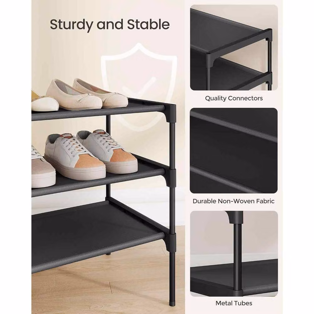 The Bazaarist 3 Tier Metal Shoe Rack with Fabric Shelves in Jet Black – 4