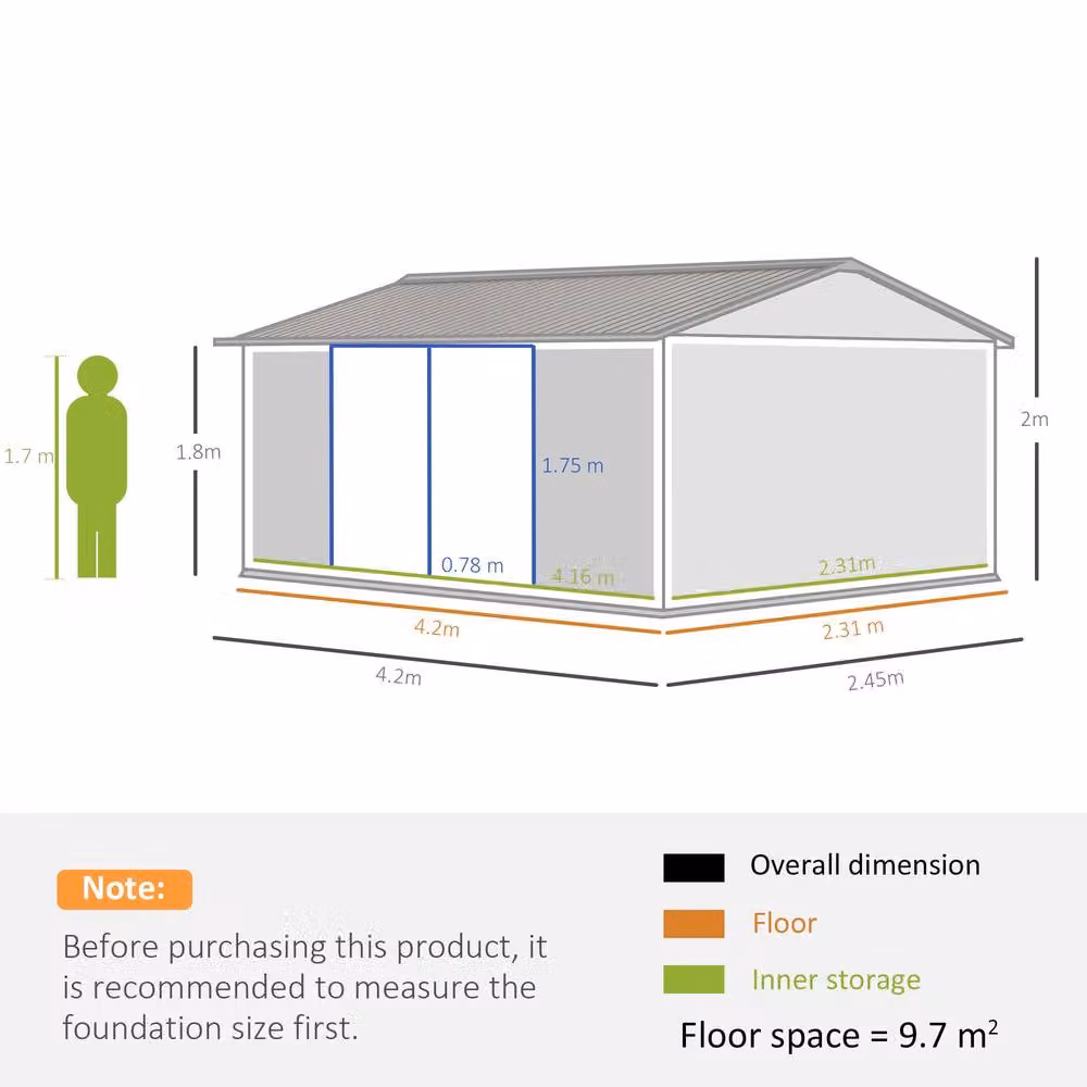 Rolipo Grey Metal Garden Shed with Lockable Door, W: 426.72 cm, D: 243.84 cm, H: 245.0 cm – 4