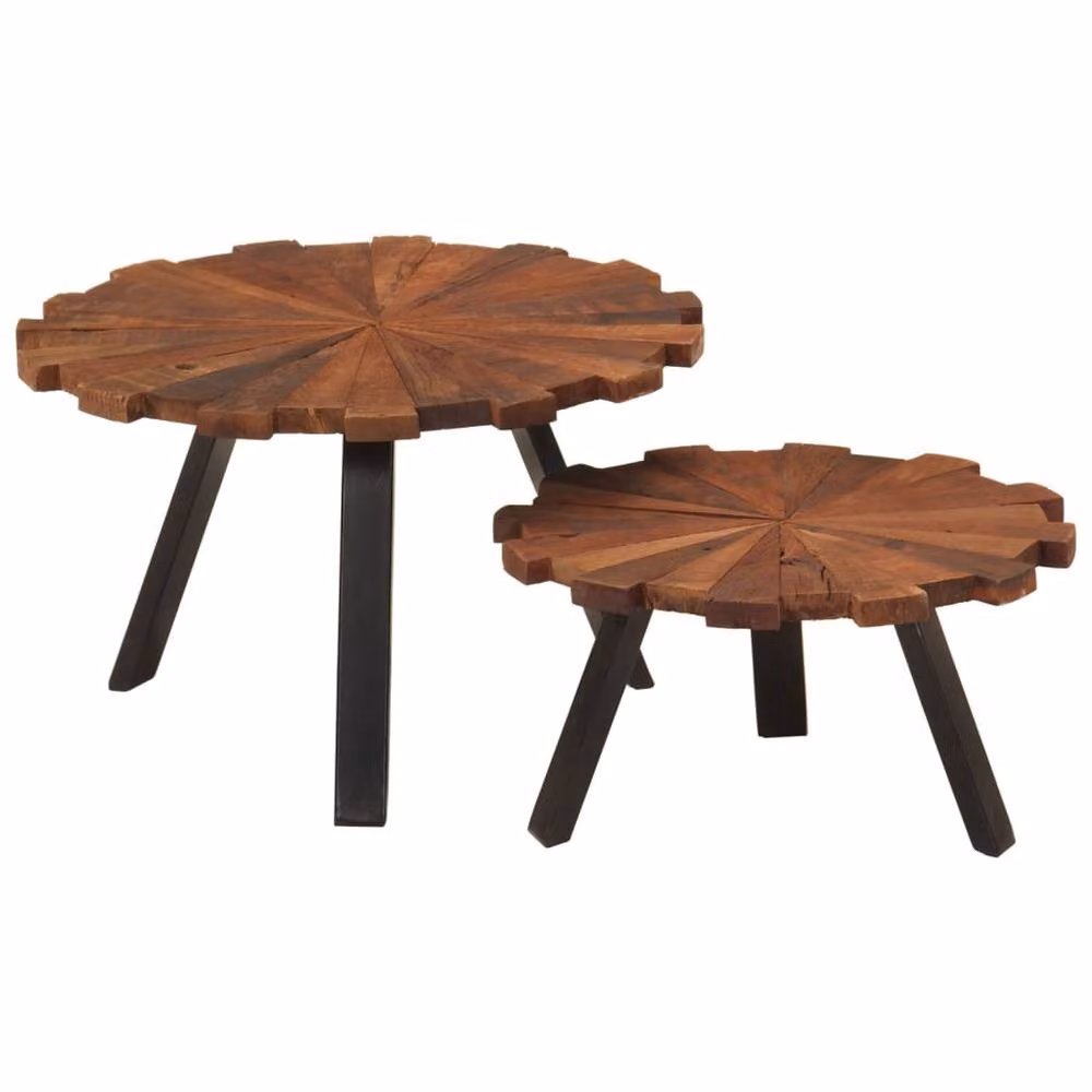 Berkfield Home Set of 2 Round Industrial Coffee Tables in Brown Reclaimed Solid Wood and Iron – 1