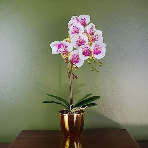 Leaf Harlequin Pink Artificial Orchid in a Gold Pot, Height: 48 cm