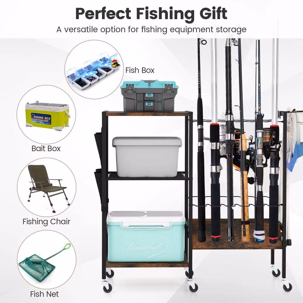 VOGREX Fishing Tackle Cart with Rod Holder and Wheels in Brown – 6