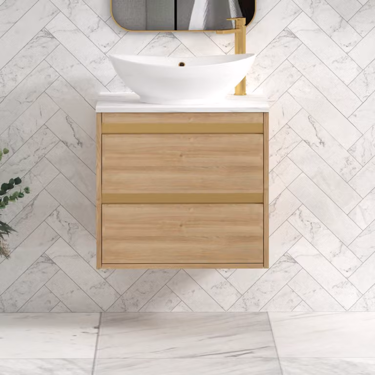 Royal Bathrooms Orion 800mm Natural Oak Wall Hung 2 Drawer Vanity Unit with Amaze Basin and Brushed Brass Accent Trim