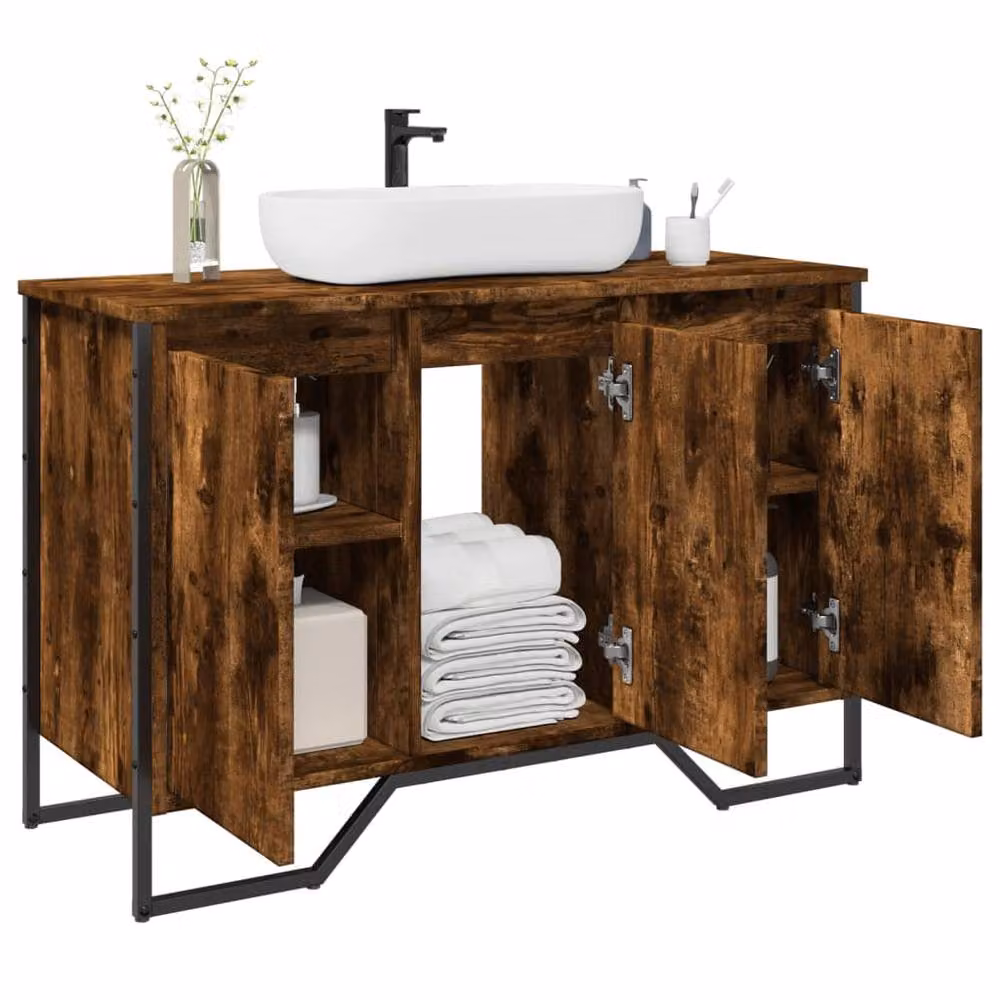 Berkfield Home Modern Freestanding Bathroom Sink Cabinet in Smoked Oak, W/D/H: 91 x 35 x 60 cm – 2