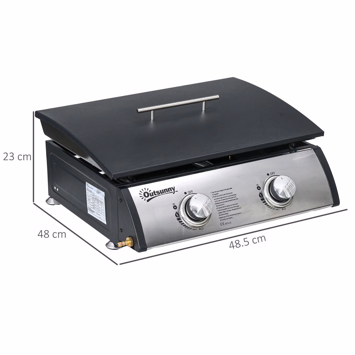 Outsunny Portable Tabletop Gas Plancha Grill with 2 Stainless Steel Burners, 10kW Non-Stick Griddle, Black, W: 48.5 cm, D: 23.0 cm, H: 23.0 cm – 3