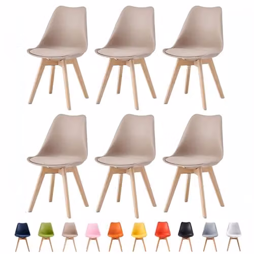 mcc direct Set of 6 Deluxe Retro Dining Chairs with Wooden Legs and Soft Cushions in Brown and Beige