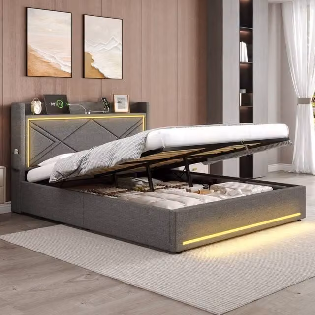 BTM Grey Fabric Upholstered King Size Bed with Hydraulic Lift-Up Storage, LED Under-Bed Lighting and USB Charging Port, W/D/H: 180 x 200 cm
