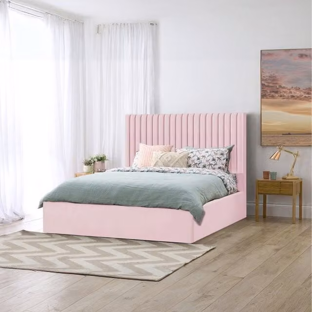 Desire Deco Pink Velvet Upholstered Storage Bed, W/D/H: 140 x 200 cm