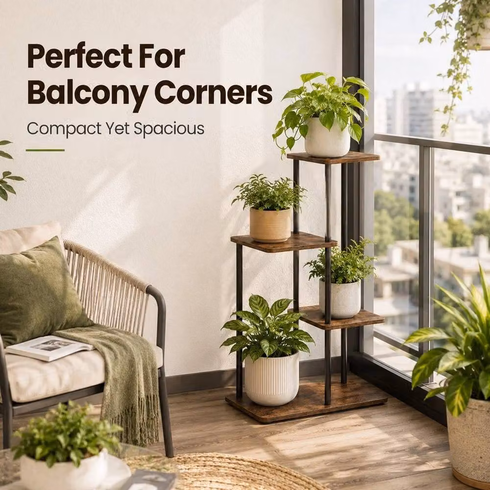 Kelvenix 4-Tier Industrial Wood and Metal Corner Plant Stand in Brown and Black – 3