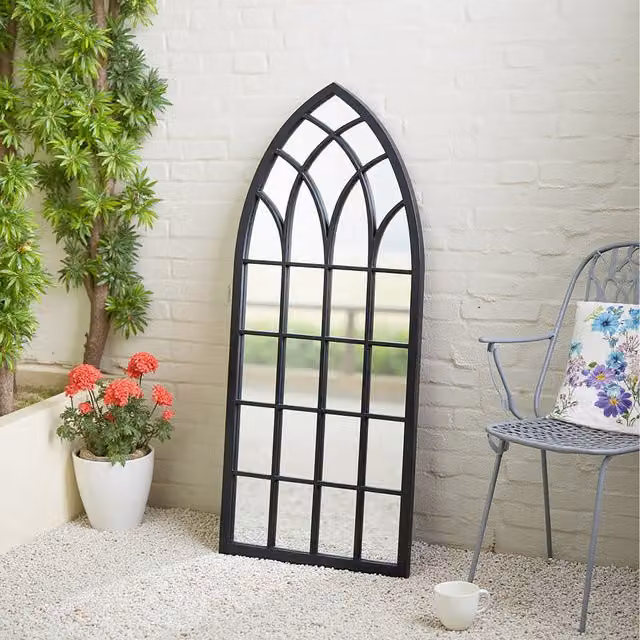 Komore Blackstone Cathedral Mirror with Black Grid Design and Vintage Geometric Metal Frame