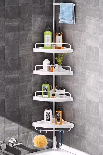 Dprodo Adjustable Corner Shower Tension Pole with 4 Tier Shelves in White