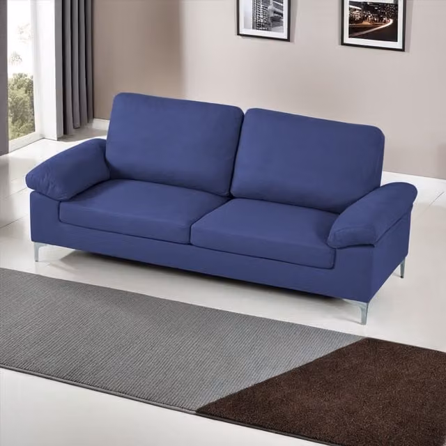 KOSY KOALA Modern Two Seater Blue Fabric Upholstered Sofa with Scatter Cushions and Metal Feet – 1