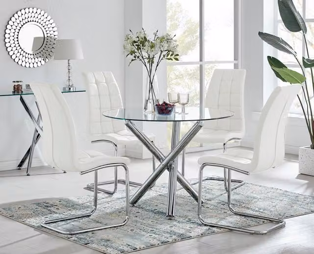 FurnitureboxUK Selina Round Glass Dining Table with Chrome Leg and 4 Murano Off-White Chairs