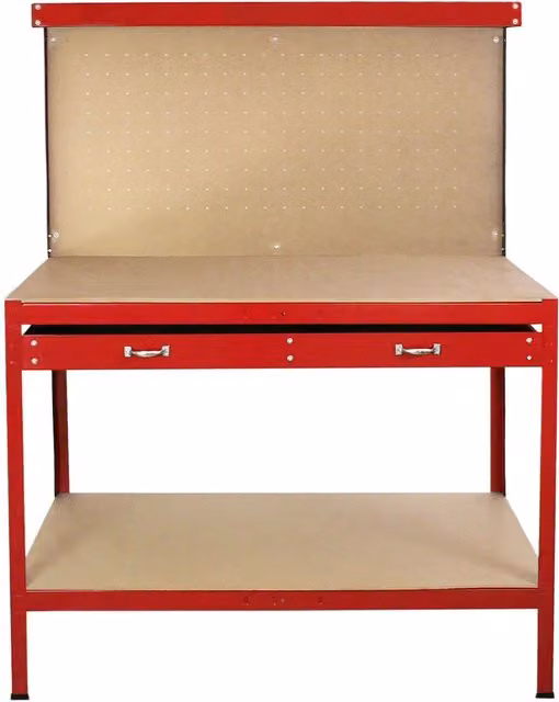 Monstershop Workbench with Pegboard and Drawer in Red, W: 120 cm, D: 60 cm, H: 200 cm