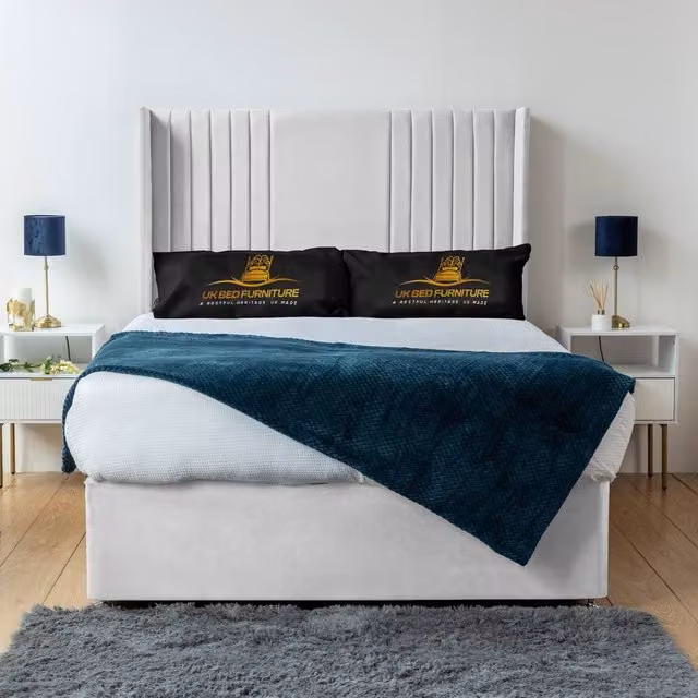 UK Bed Furniture Skyline Wingback Divan Bed Base with 54 Inch Headboard in White, Single Size