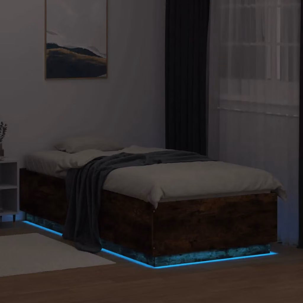 Berkfield Home Modern Bed Frame with LED Lighting and USB Charging Port in Smoked Oak Brown, W: 100 cm, L: 200 cm – 3