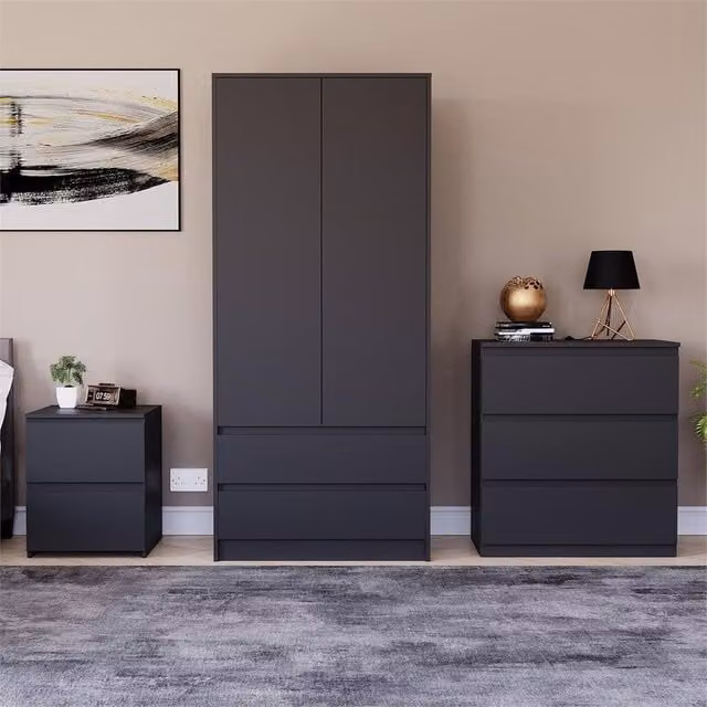 FORGEVIO Black Modern 3 Piece Bedroom Furniture Set including Wardrobe, Chest of Drawers and Nightstand