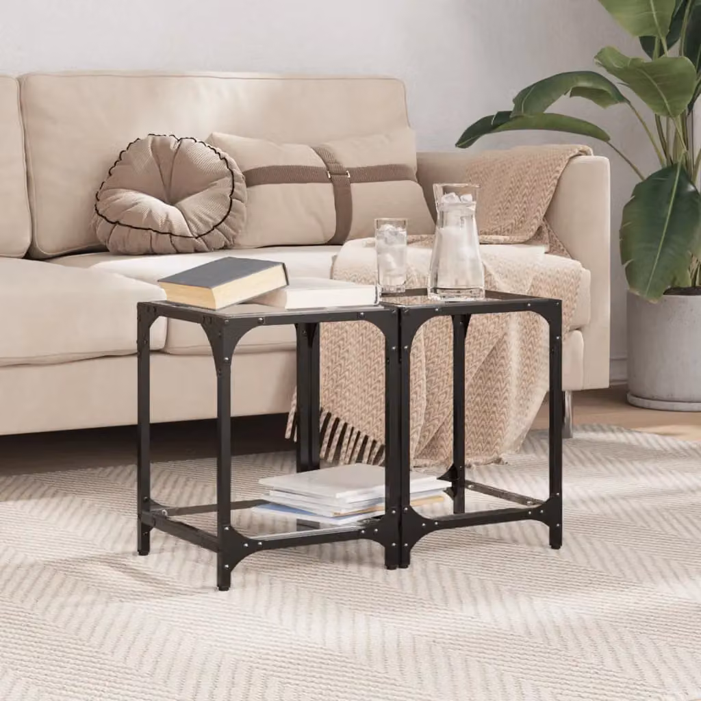 Berkfield Home Set of 2 Modern Square Coffee Tables with Transparent Glass Tops and Black Steel Frames, W/D/H: 30 x 30 x 40 cm – 1