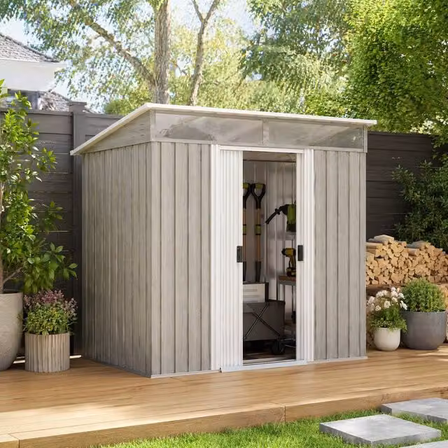STILVORA Grey Metal Pent Garden Shed with Sliding Doors, W/D/H: 195 x 122 x 160 cm