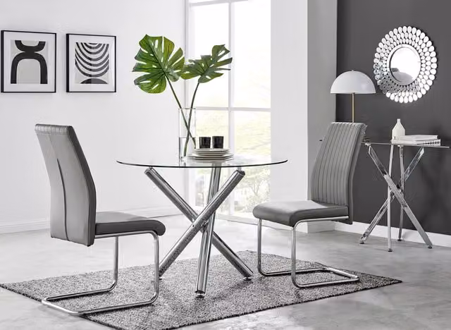 FurnitureboxUK Selina Round Glass and Chrome Metal Dining Table and Four Lorenzo Chairs Set in Grey – 2