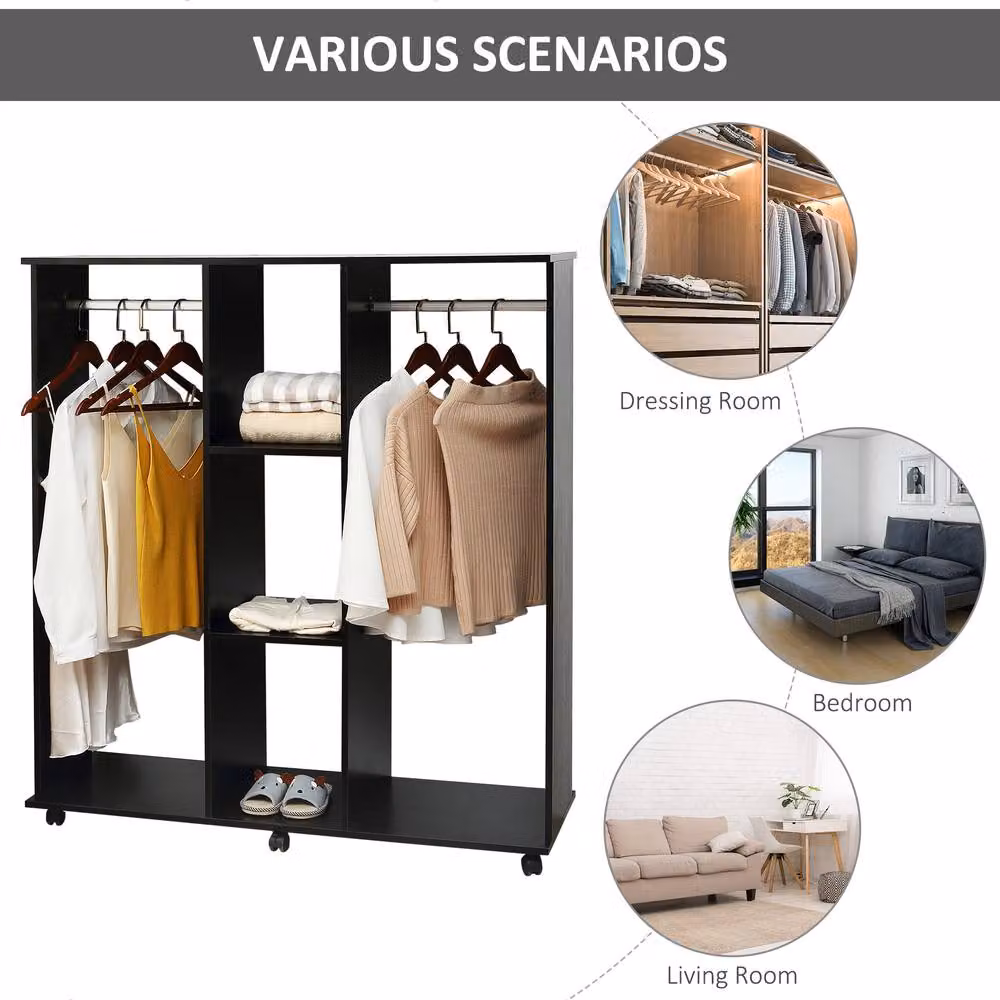 STILVORA Modern Open Wardrobe with Shelves and Wheels in Matt Black – 7