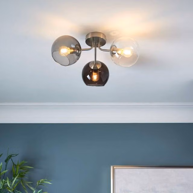 Pagazzi Branco 3 Light Semi-Flush Ceiling Light in Silver with Glass Spheres