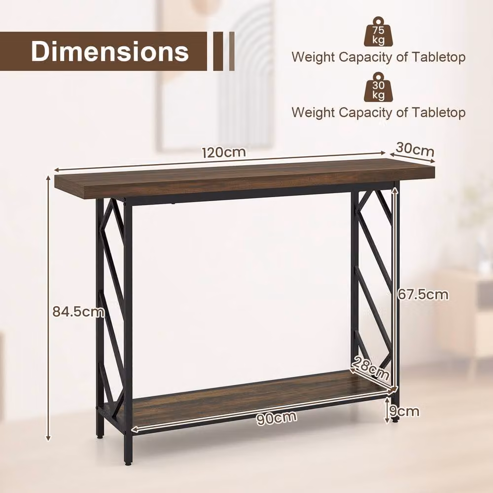 Costway Brown 2-Tier Narrow Industrial Console Table with Storage Shelf, W: 120 cm, H: 84.5 cm – 2