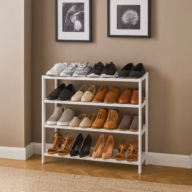 Neo 4-Tier White Bamboo Wooden Shoe Rack and Hallway Storage Organiser