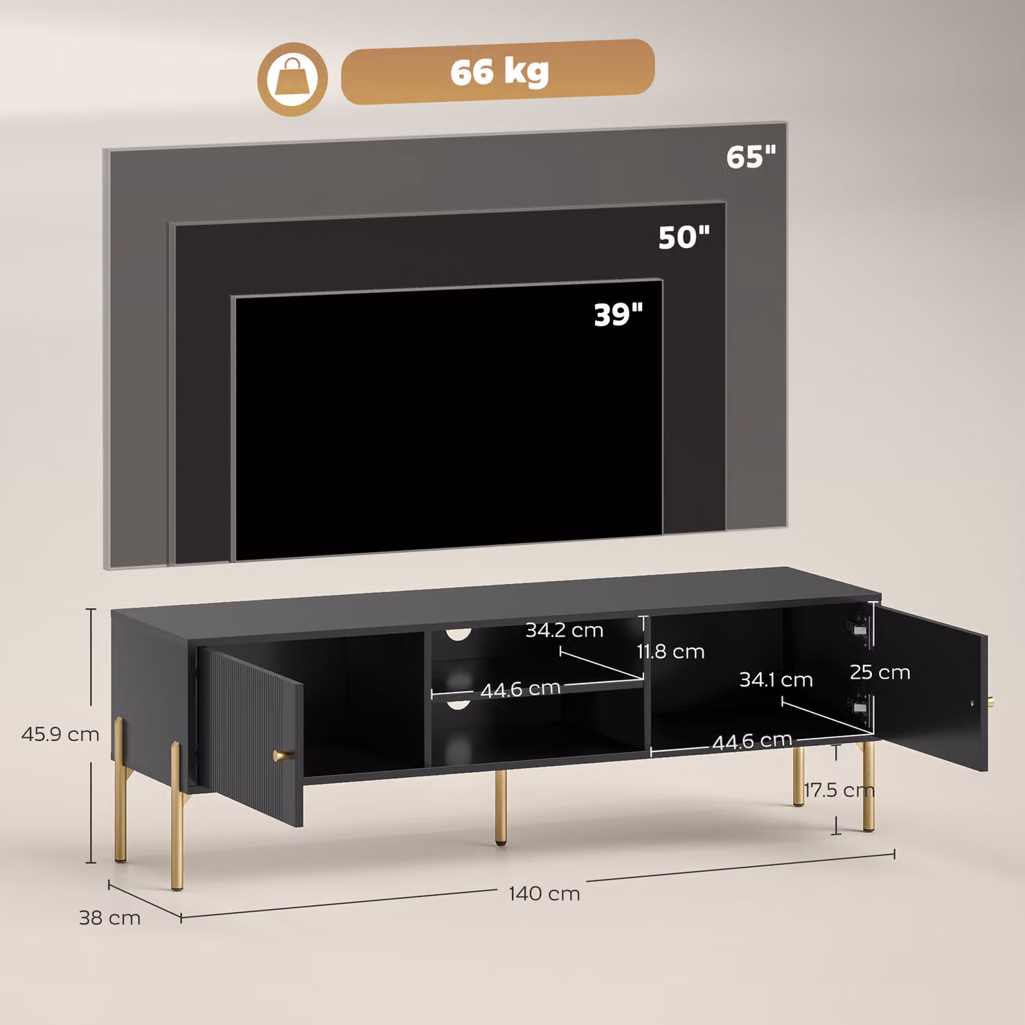 HOMCOM Modern Geometric TV Stand for TVs up to 65 inch with 2 Open Shelves, 2 Cabinets and Metal Legs in Black and Gold – 3