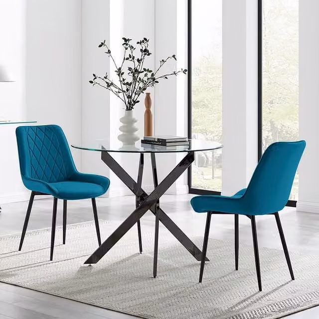 FurnitureboxUK Novara Round Glass Dining Table and 2 Pesaro Upholstered Chairs in Blue with Black Legs, Diameter: 100 cm – 1