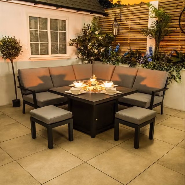 Bracken Outdoors Miami Deluxe Aluminium Compact Set with Fire Pit Table and Stools in Matt Anthracite Grey