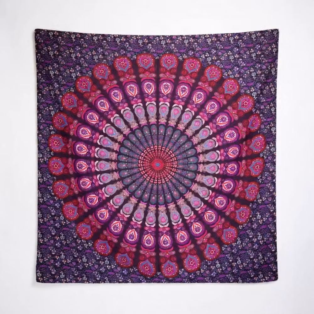 KDMD Double Cotton Bedspread and Wall Hanging Set in Purple Peacock Mandala Design – 3