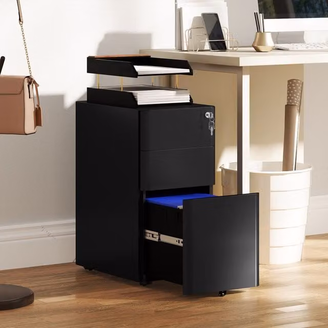 Vinsetto Black Metal Steel Filing Cabinet with Lock and Castors for Home Office