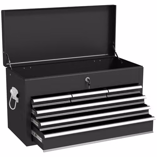 HOMCOM 6 Drawer Lockable Metal Tool Chest with Top Case, Black, W/D/H: 60.0 x 26.0 x 34.0 cm
