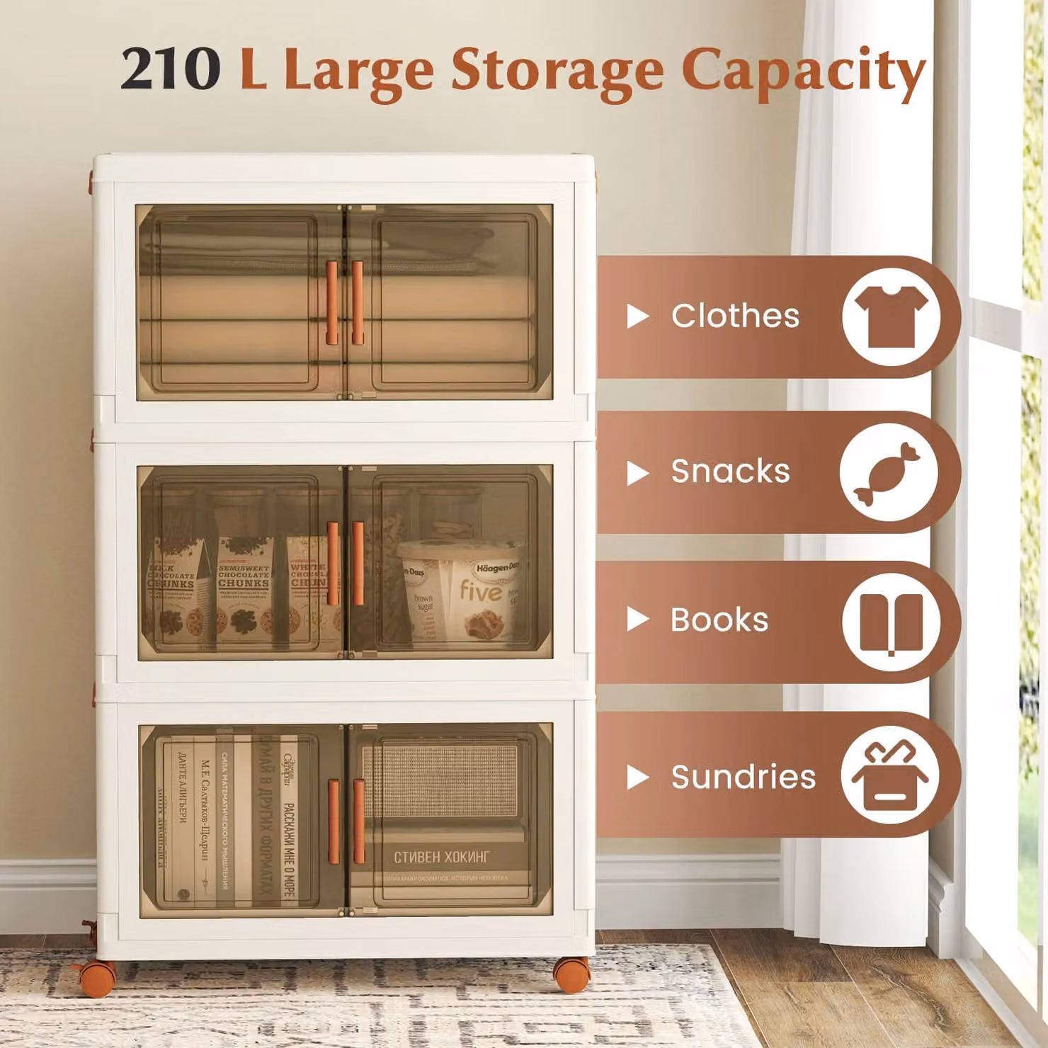 Costway 3-Pack Stackable and Collapsible Plastic Storage Bins with Handles and Wheels, White, 210L – 4
