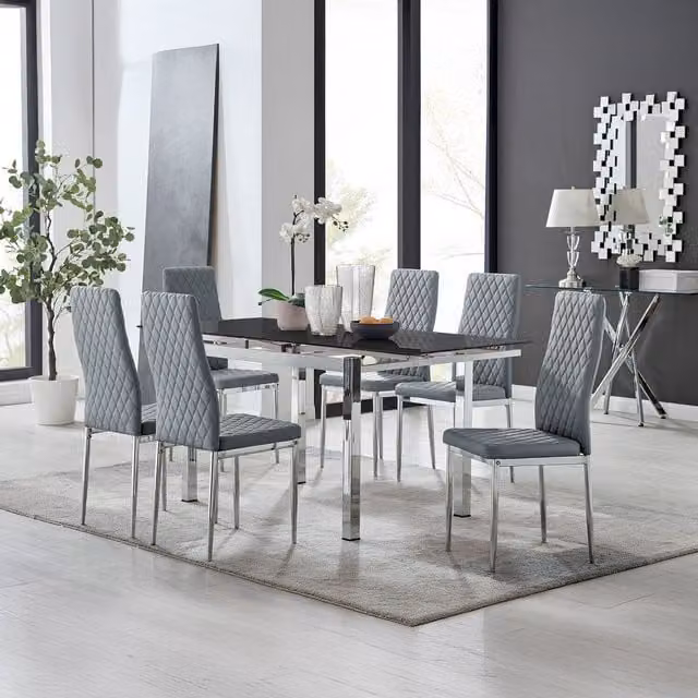 Furniturebox Enna Black Glass Extending Modern Kitchen Dining Table and 6 Milan Chairs in Grey