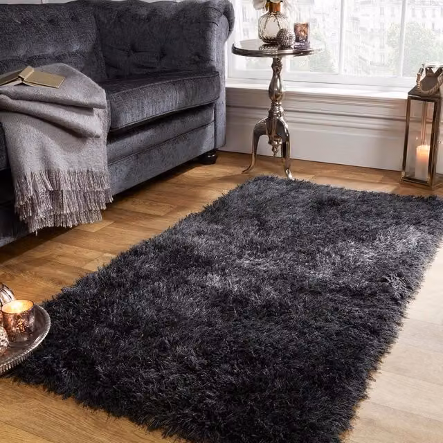 Sienna Home Shaggy Fluffy Glitter Rug in Grey Anthracite, 5cm Pile, Width: 80 cm