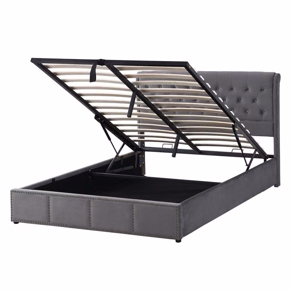 BTM Grey Velvet Upholstered Double Bed with Functional Lift-Up Storage – 2