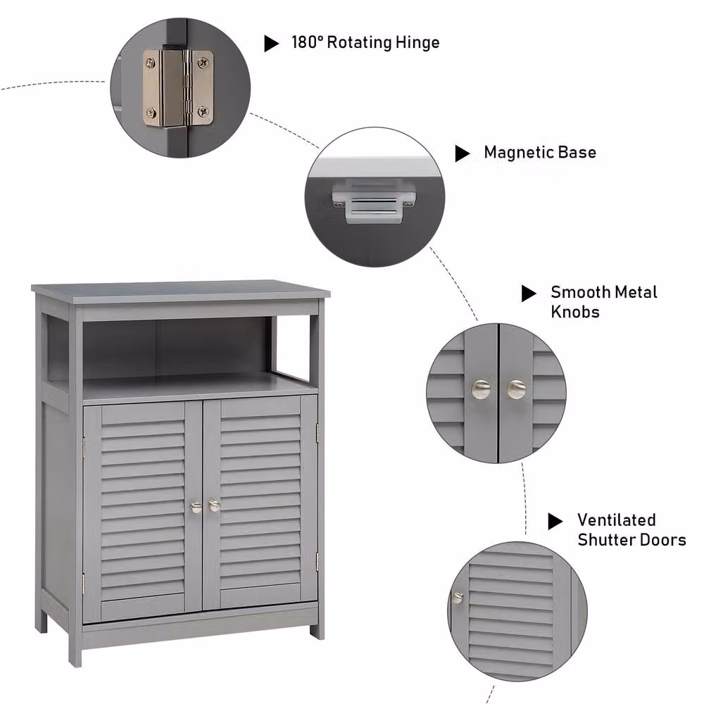 Costway Modern Grey Wooden Freestanding Bathroom Floor Cabinet with Adjustable Internal Shelves and Hinged Doors – 5