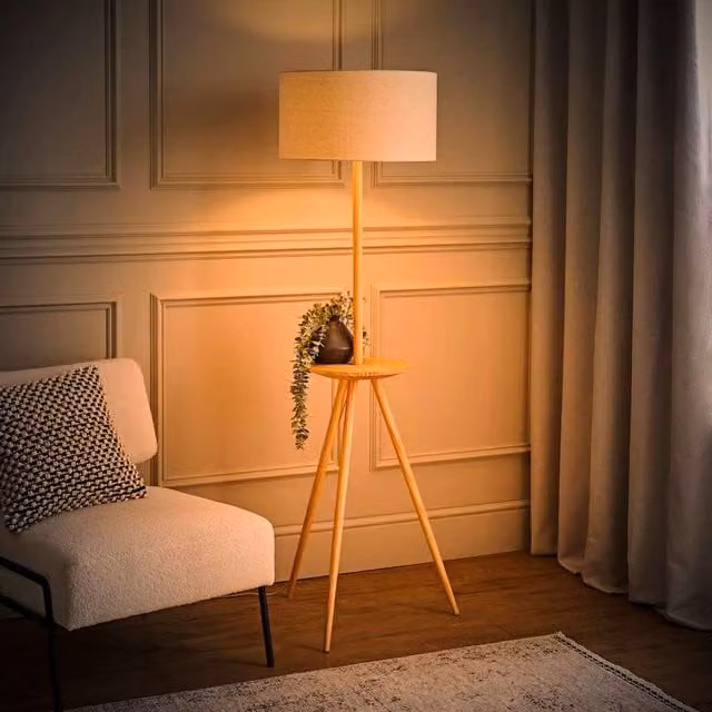 Desmond Scandinavian Wooden Tripod Floor Lamp with Beige Fabric Cylinder Shade in Natural and Black