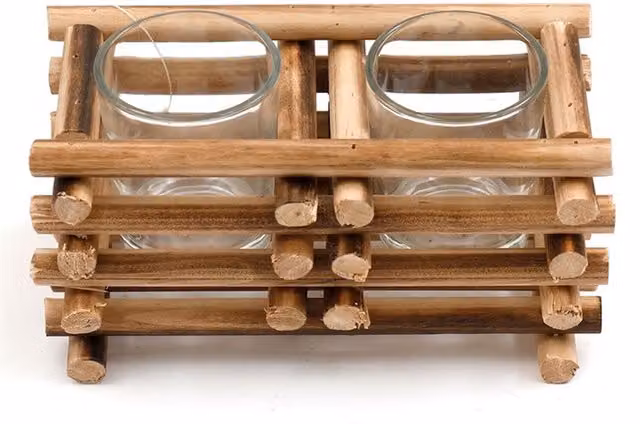 KDMK Brown Stacked Wood Double Tealight Holder, Height: 17 cm