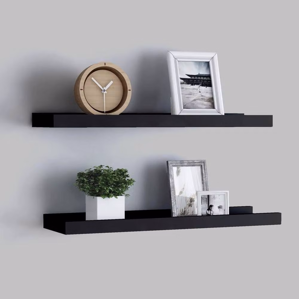 Berkfield Home Set of 2 Black MDF Picture Frame Ledge Shelves, W: 60 cm, D: 9 cm, H: 3 cm – 2