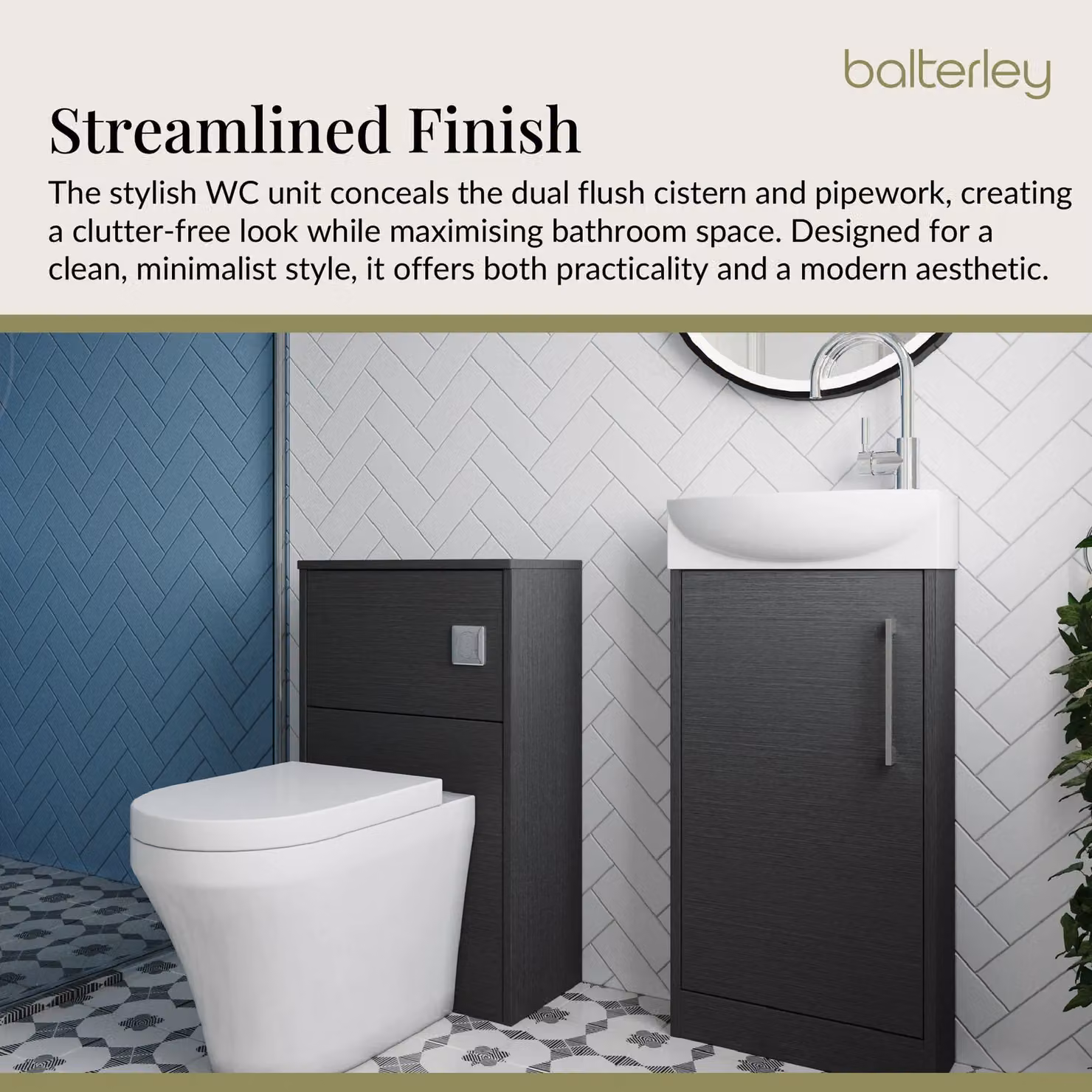 Balterley Left Hand Cloakroom Suite with Vanity, WC, Toilet and Tap Set in Matt Grey, 440mm – 3