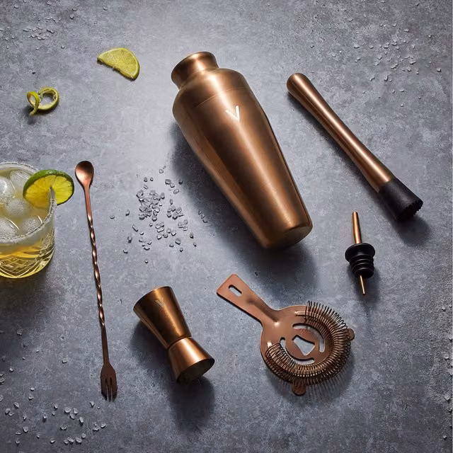 VonShef 6-Piece Stainless Steel Parisian Cocktail Shaker Set with Accessories, Copper