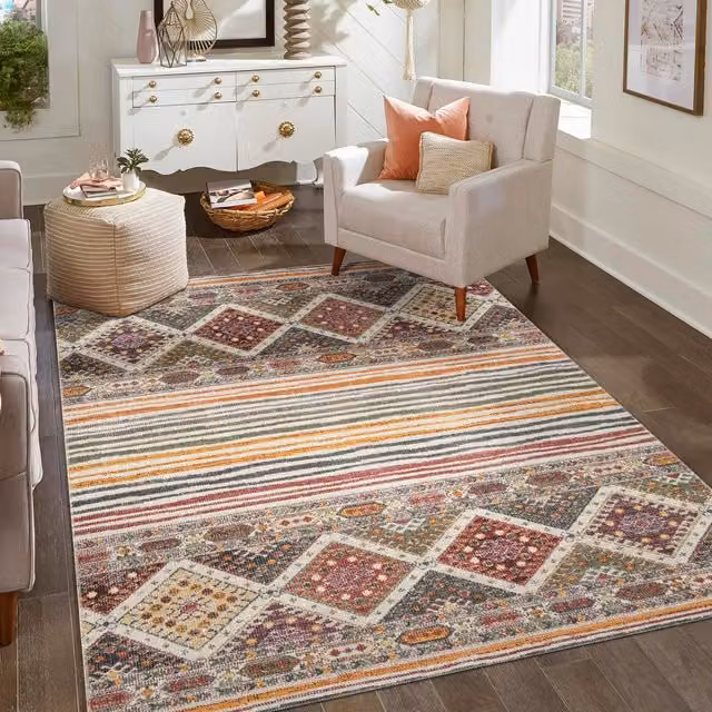 Aress Washable Traditional Living Room Area Rug with Multi-Coloured Aztec Design, W: 290 cm, D: 200 cm