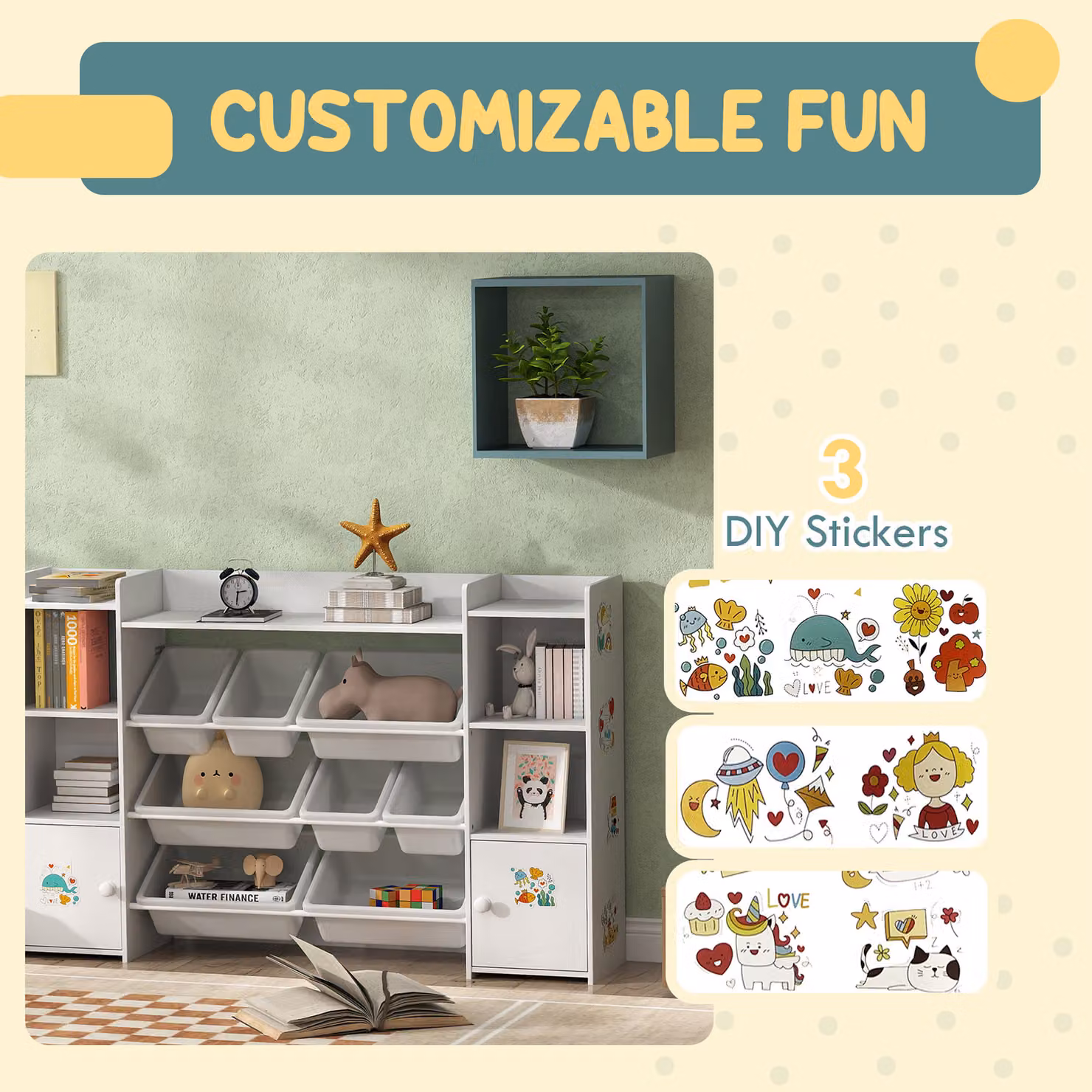 AIYAPLAY Kids Toy Organiser and Storage Unit with 8 Removable Bins and Bookshelf, White – 3