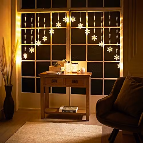 The Christmas Workshop Warm White LED Snowflake Curtain Lights, 2m, Mains Operated