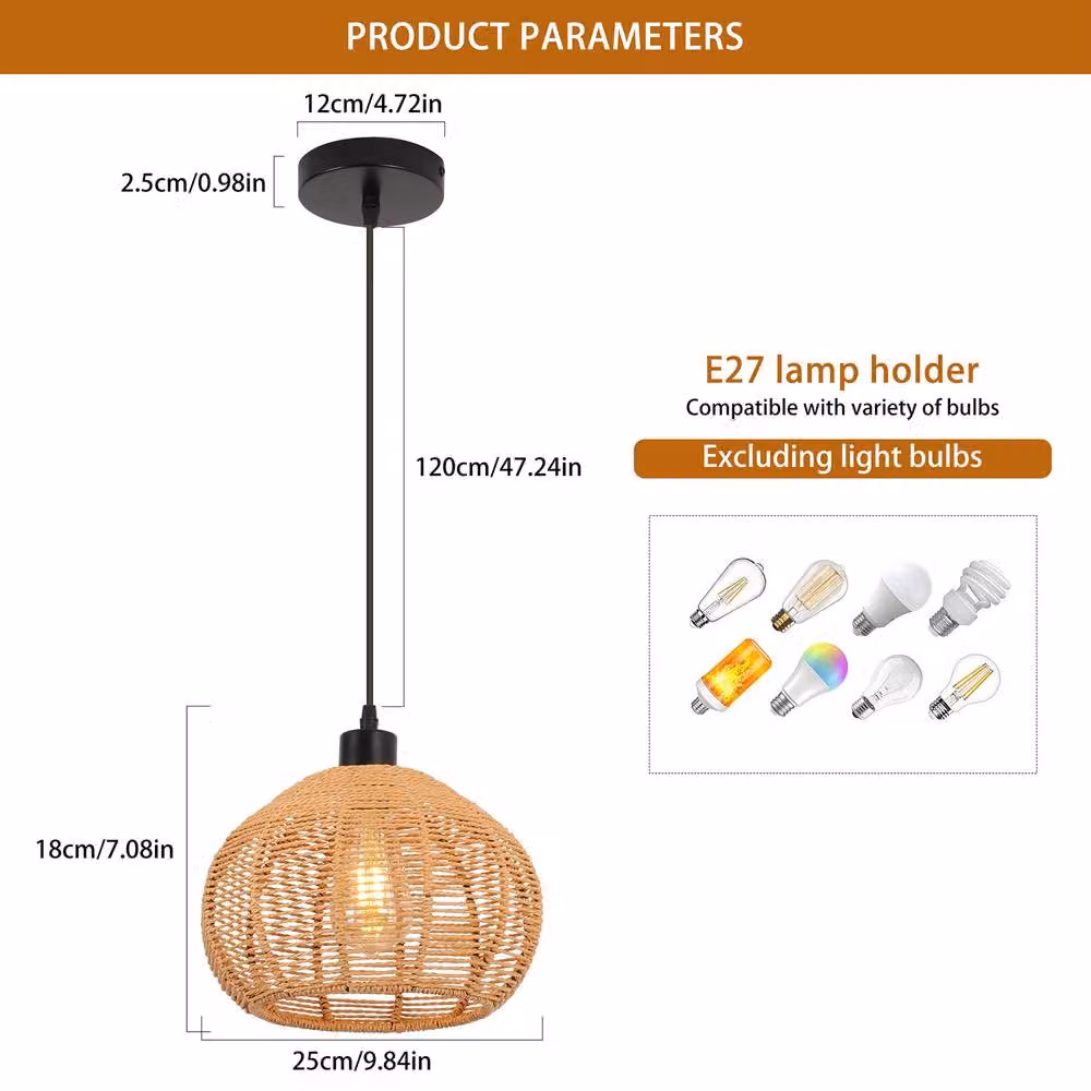 NIVOR Brown Rattan Single Globe Pendant Ceiling Lamp with Bohemian Farmhouse Style – 2